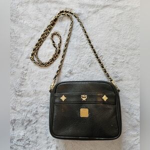 Rare vintage Authentic MCM Leather Black Chain Shoulder Cross Handbag